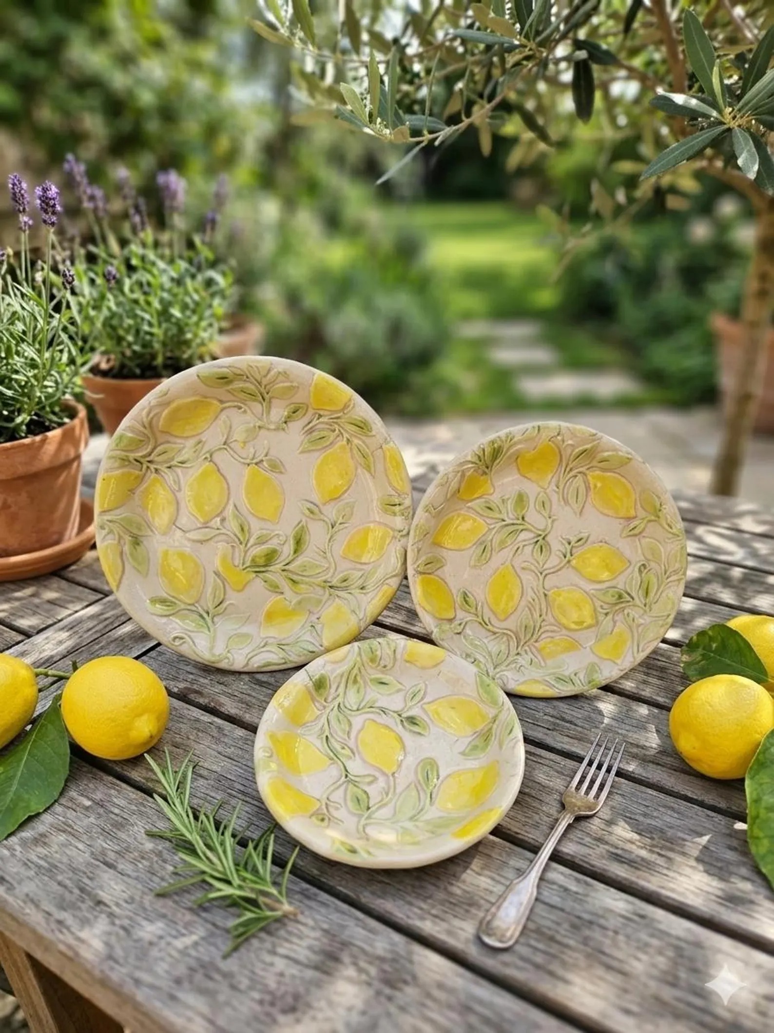 Tři talíře s reliéfním vzorem citronů a listů na zahradním stole